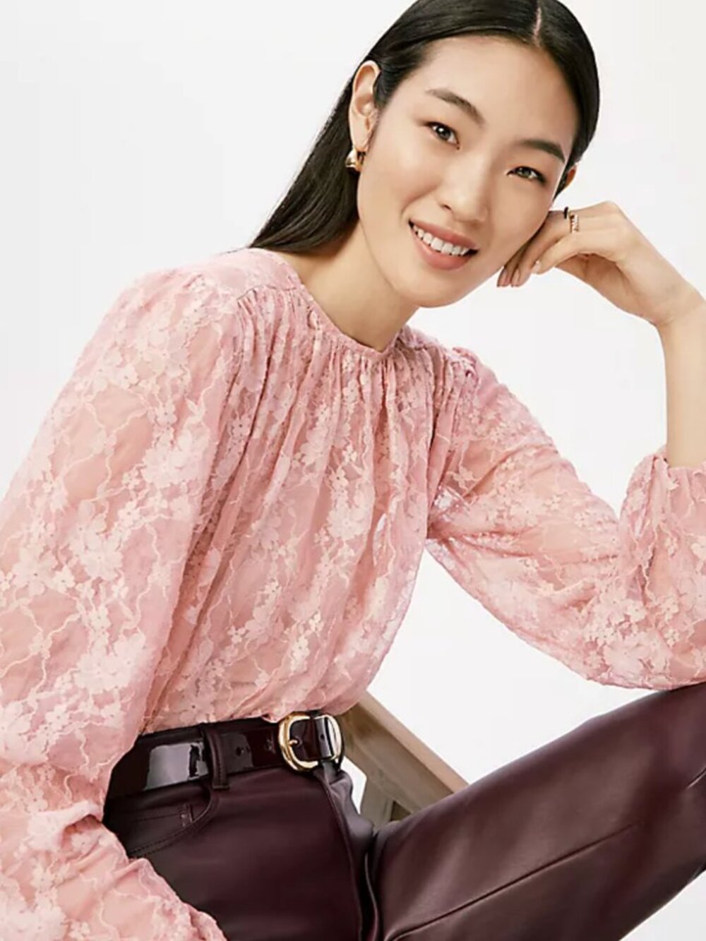 NWT Ann Taylor Petite Pink Sheer Lace Shirred Blouse Small Romantic Feminine Top